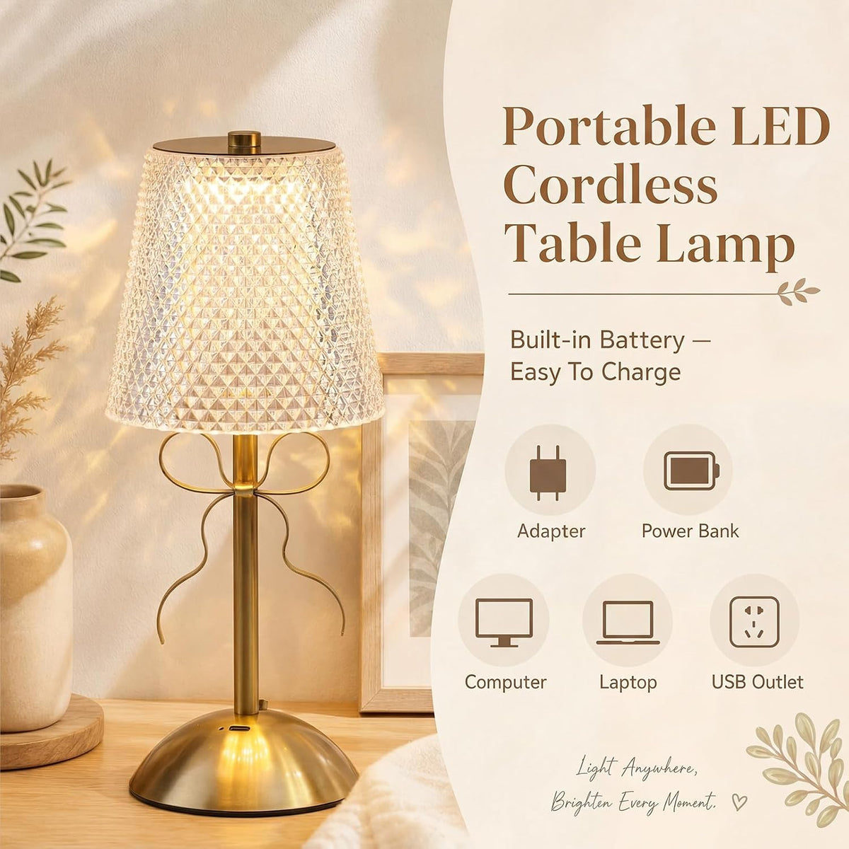 Liliful 2 Pcs Cordless Table Lamp LED Touch, Gold, Crystal Cut Style Bow