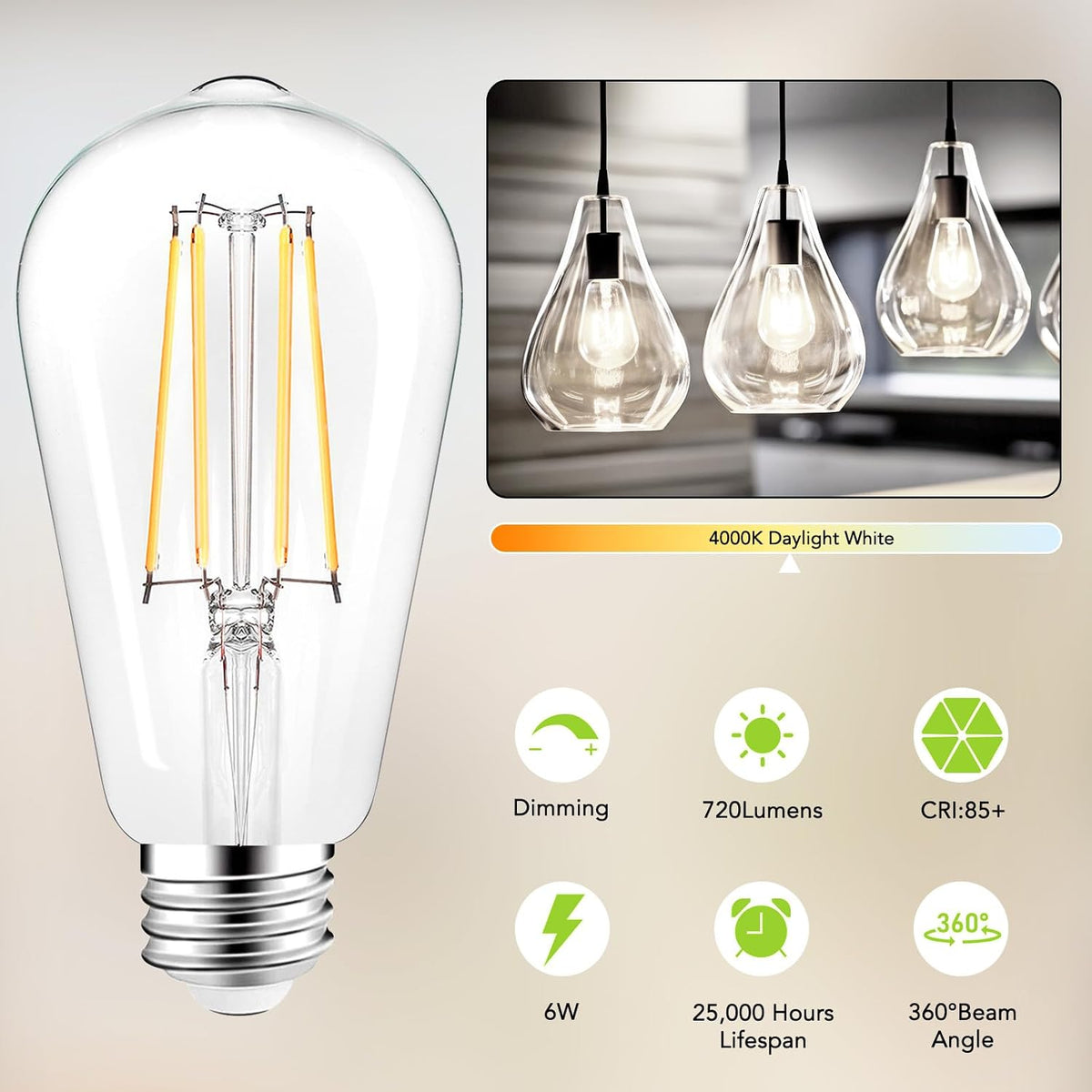 PARTPHONER LED Light Bulbs Dimmable Vintage Edison Bulb, E26 LED Bulb 60W Equivalent 720 Lumens, Neutral White 4000K, ST58 Antique LED Filament Bulb CRI 85+, Clear Glass, Pack of 12