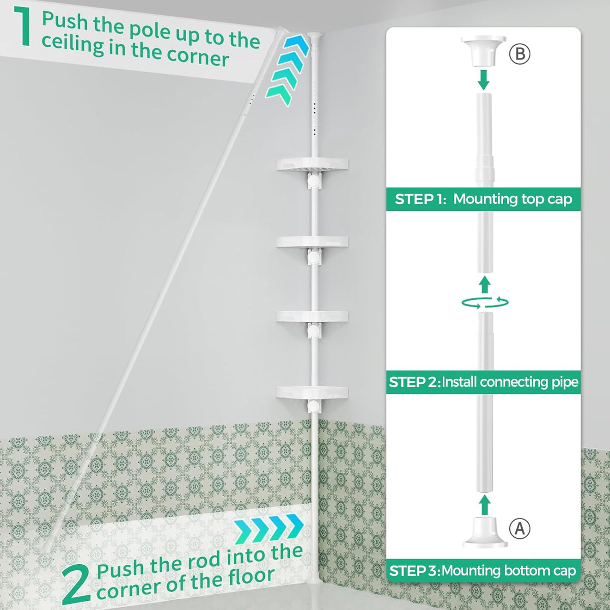 shuang qing 4-Tier Corner Shower Caddy Tension Pole Organizer, White