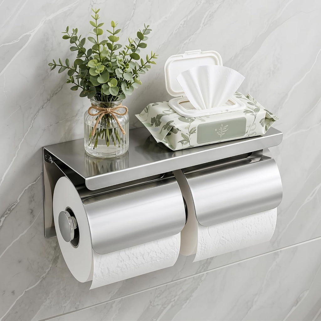 Double Toilet Paper Holder with Phone Storage Shelf Polished Chrome