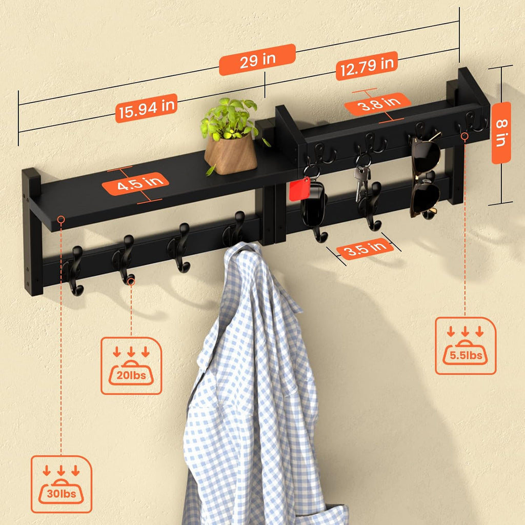 29'' Black Coat Rack Wall Mount with Shelf, Solid Wood Coat and Key Hanger with 11 Metal Hooks, Farmhouse Wall Organizer for Mail, Entryway Wall Hangers for Hats, Clothes, Backpacks, Mudroom