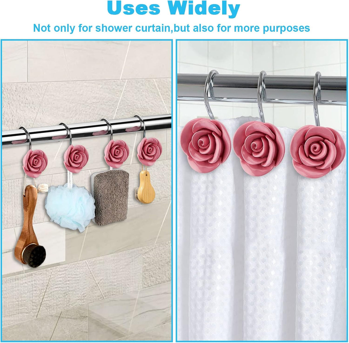 AGPTEK Rose Shower Curtain Hooks, 12PCS, Pink Rose