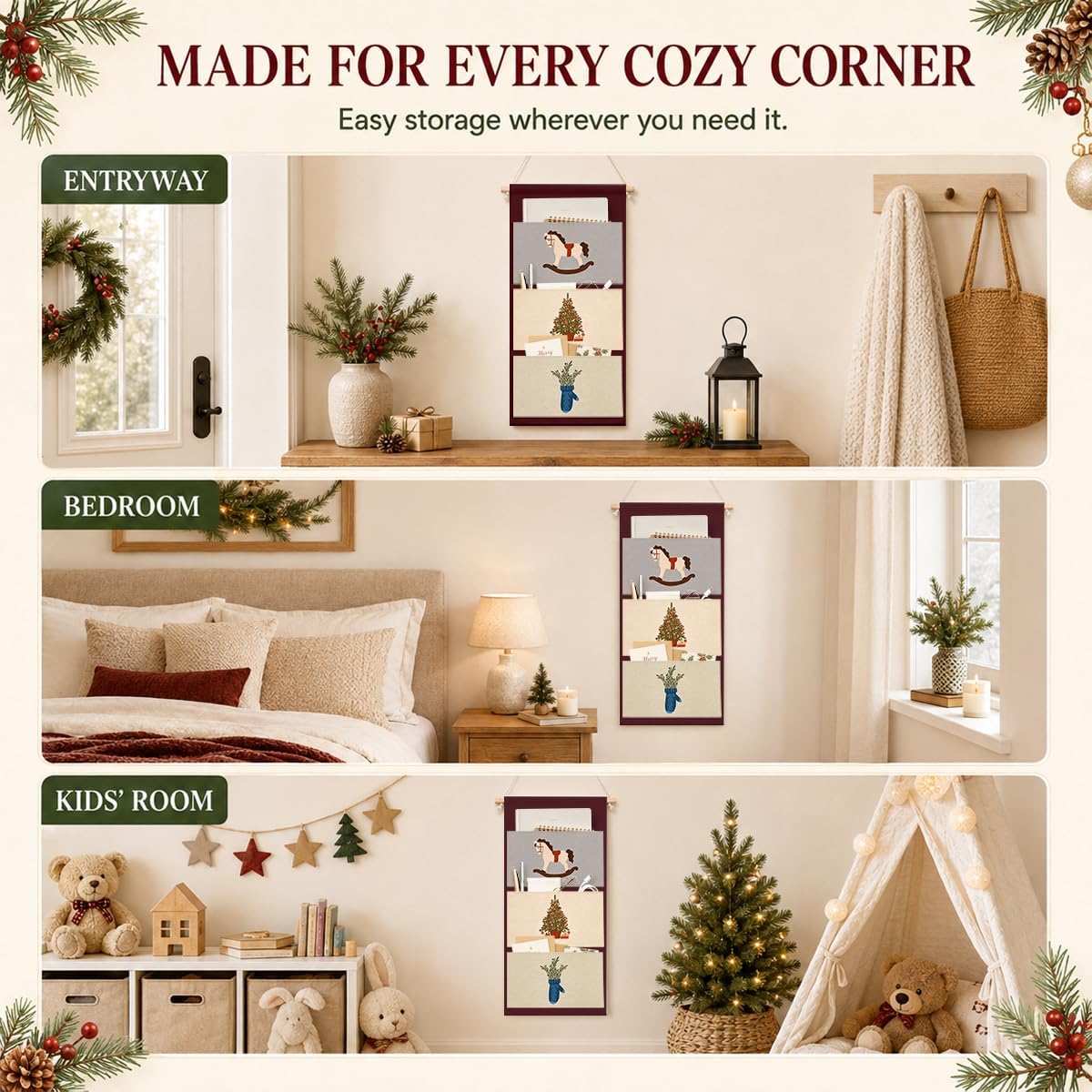IAXIC Christmas Decor Rocking Horse Tree Mitten Canvas Wall Art Organizer