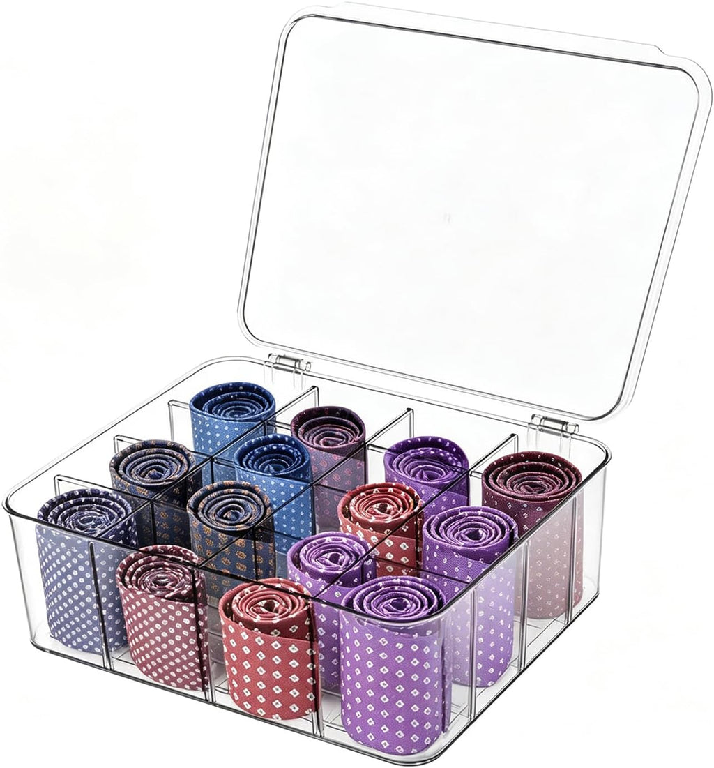 Tie Organizer Dividers Box, 16 Compartment Sock Underwear Drawer Organizer with Lid, Removable Divided Drawer Wardrobe Storage Box for Tie, Bra Storage (16-Cell)