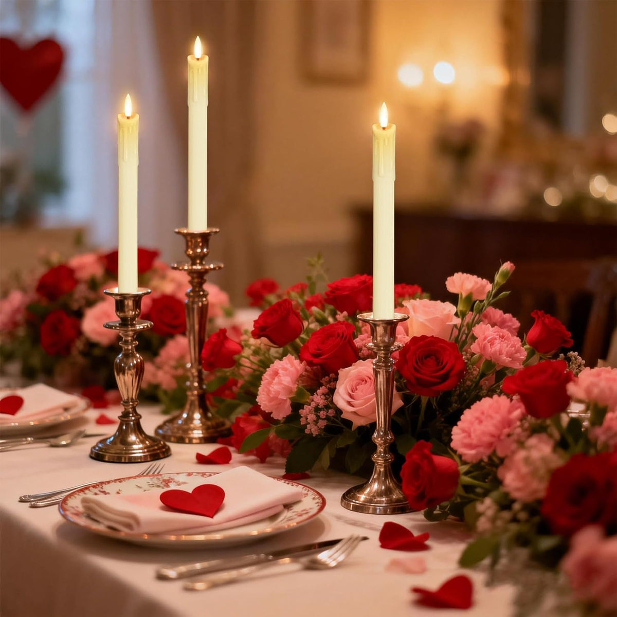 Rechargeable Flameless Taper Candles with Charging Base, Ivory