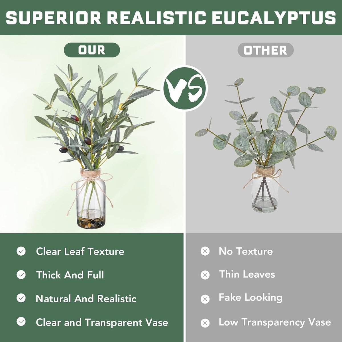 Artificial Olive Branches in Glass Vase, 15.74-in Faux Greenery