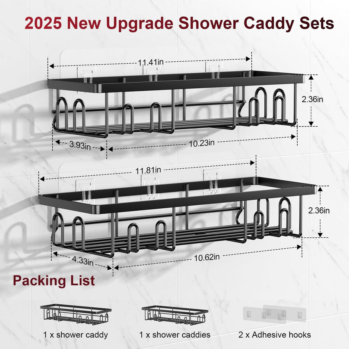 Getsrichfc Shower Caddy Adhesive, Rustproof Shower Shelves for Inside Shower, Large Capacity Bathroom Organizers and Storage, Shower Storage with Removable Hooks, No Drill Bathroom Accessories Black