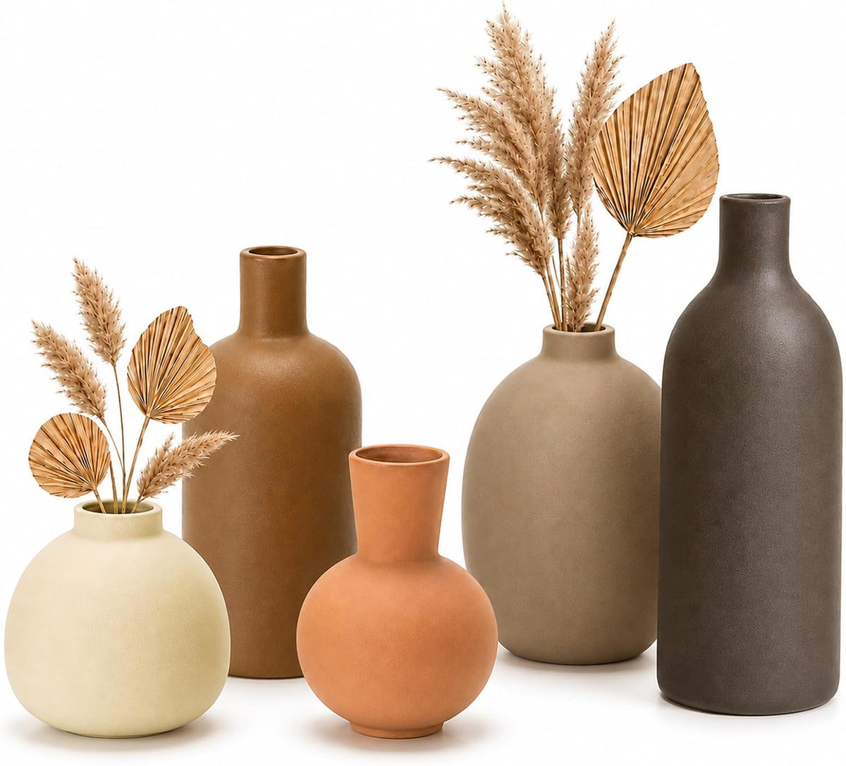Small Neutral Ceramic Vase Set – Cute 5 Matte Earth-Tone Vases for Japandi, Scandinavian, or Minimalist Home Decor, Table, Entryway, Shelf & Mantel Styling