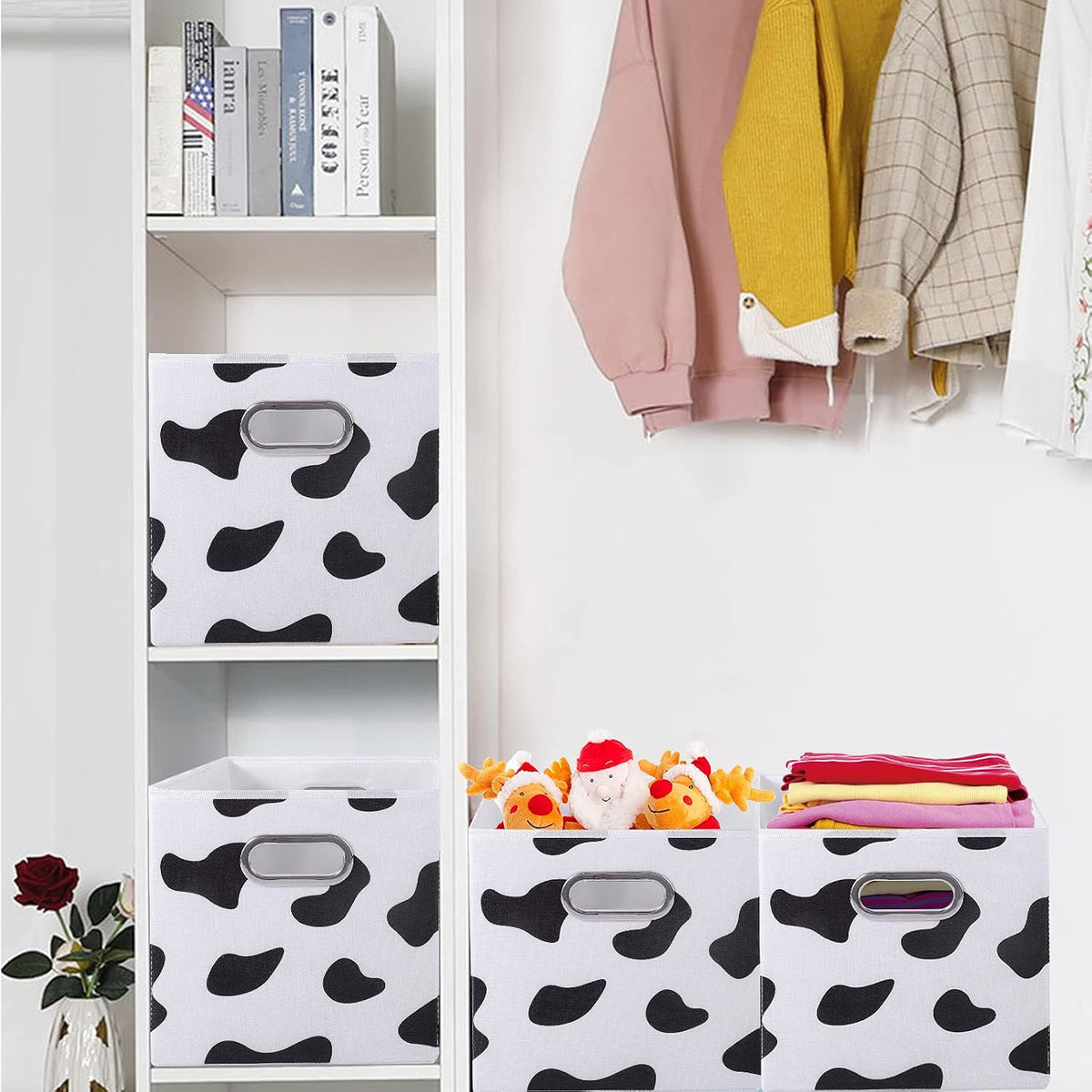 ANMINY Cow Print Cubes Fabric Storage Bins with Handles, 4 Pack 11"x11"x11"