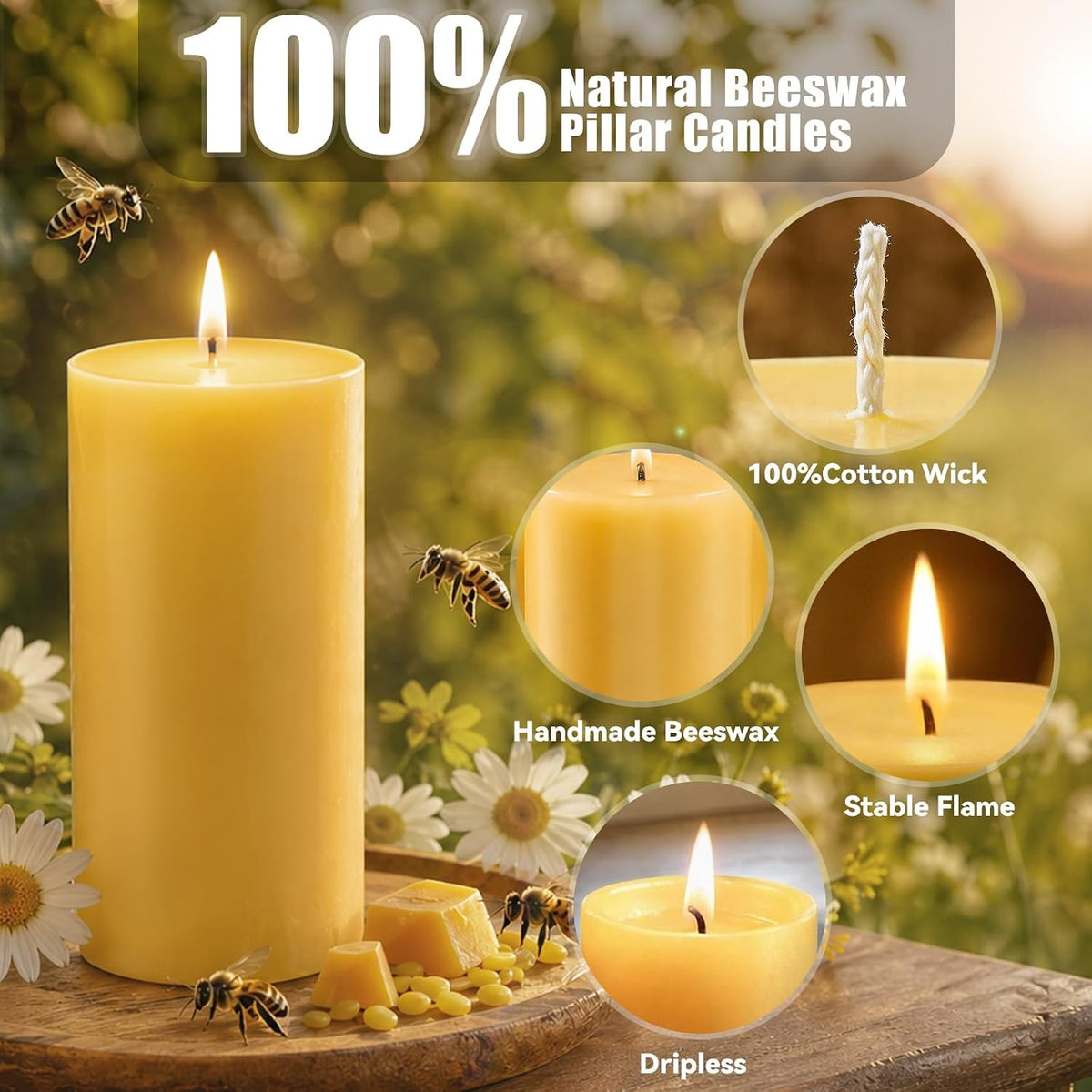 Natural Beeswax Pillar Candles Non Toxic, 240H Long Burning, 2"x4", 2Pack