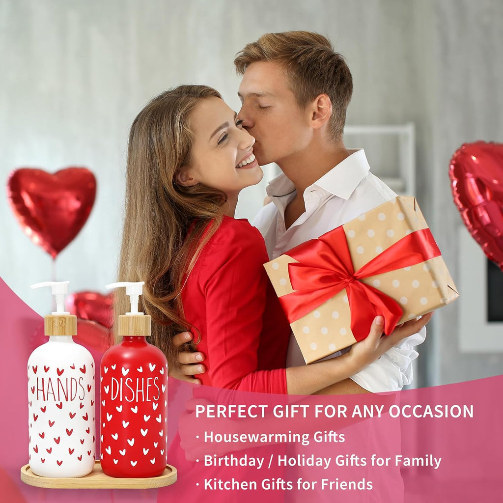 FYSUIMU 2 Pcs Valentine's Day Soap Dispenser Glass Soap Dispenser with Pump Red White Heart Refillable Liquid Container for Hands Dishes Party Home Kitchen Bathroom Decor
