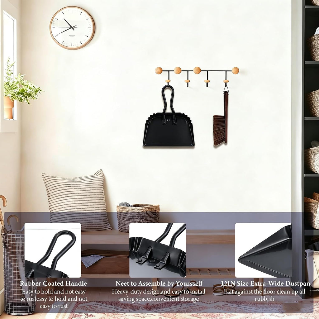 4Pcs Dust Pan and Brush Set, Heavy Duty Metal Dustpan with Wood Broom, Large 12In Black Iron Dust Pans, Handheld Broom for Pet Hair, Car, Patio, Office, Home Cleaning - Rubber Coated Handle