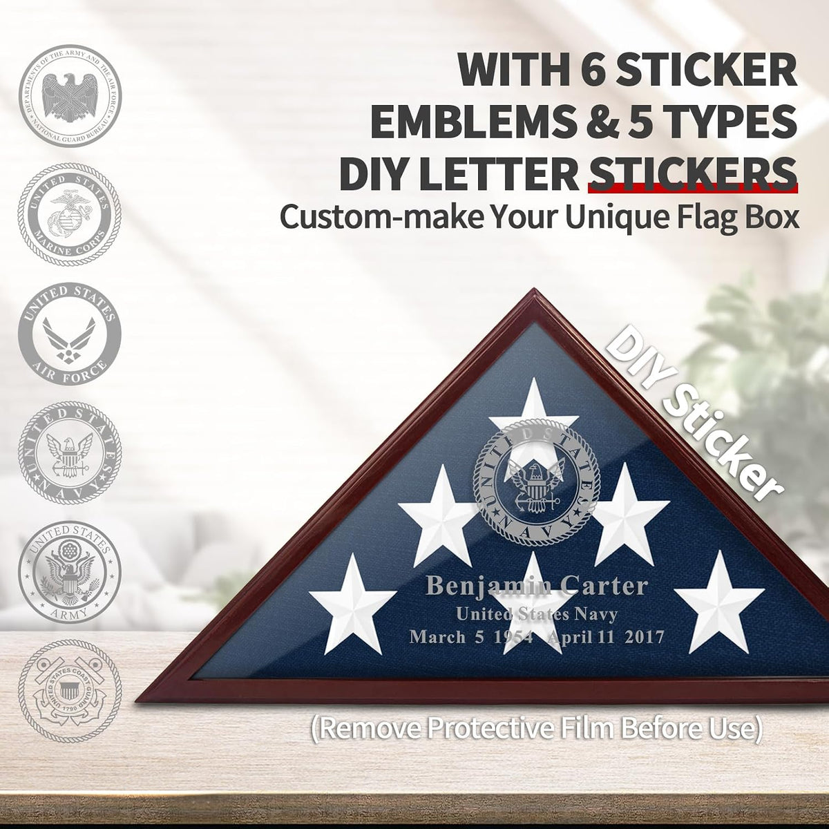 Flag Display Case for 5x9.5' Burial Flag with Custom DIY Stickers