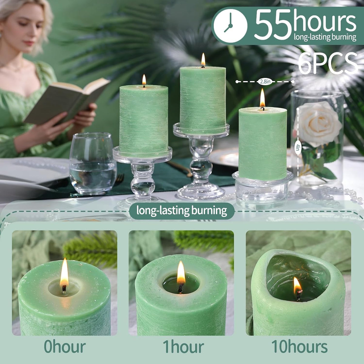 Sage Green Pillar Candles 6 Pack,2.8x4 Inch Unscented Soy Wax