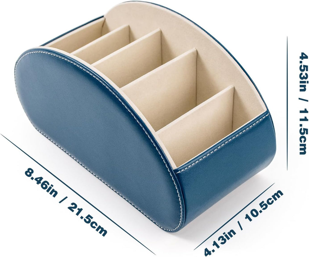 Remote Control Holders Organizer Box with 5 Compartment PU Leather Multi-functional Office Desk Storage Caddy Store Tv Remote for Media Player,Brush,Pencil,Glassees&Office Supplies (peacock blue)
