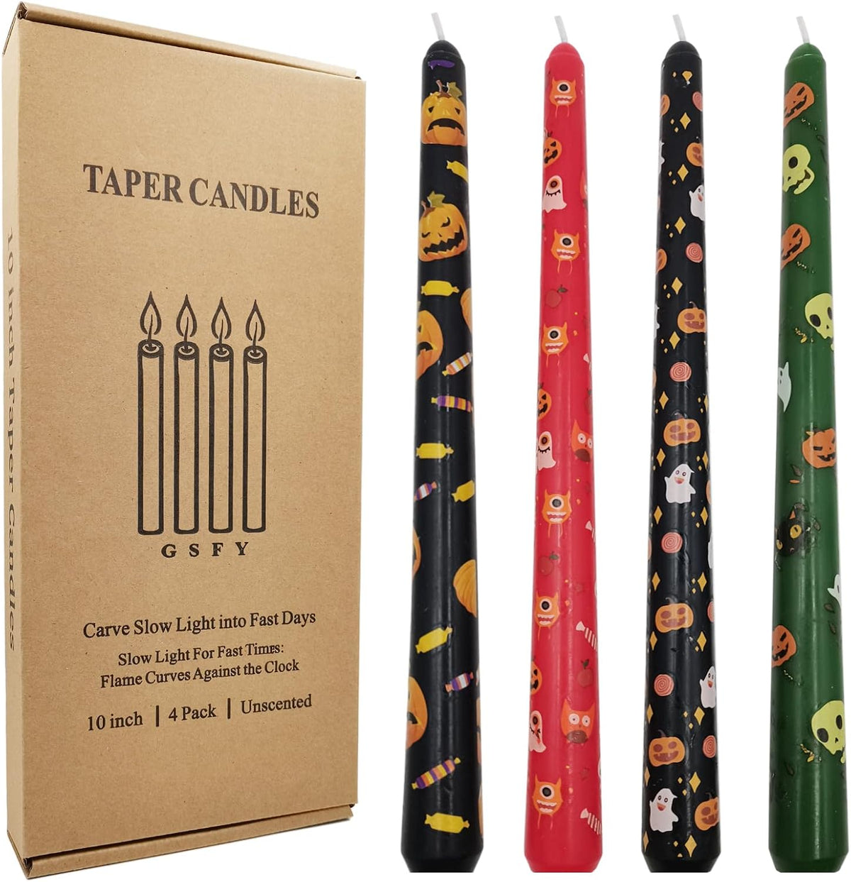 10-Inch Halloween Taper Candle Set of 4,Pumpkin Skeleton & Bat Prints, Spider Web Spooky Dinner Candles, Gift for Festive Halloween Day Decoration