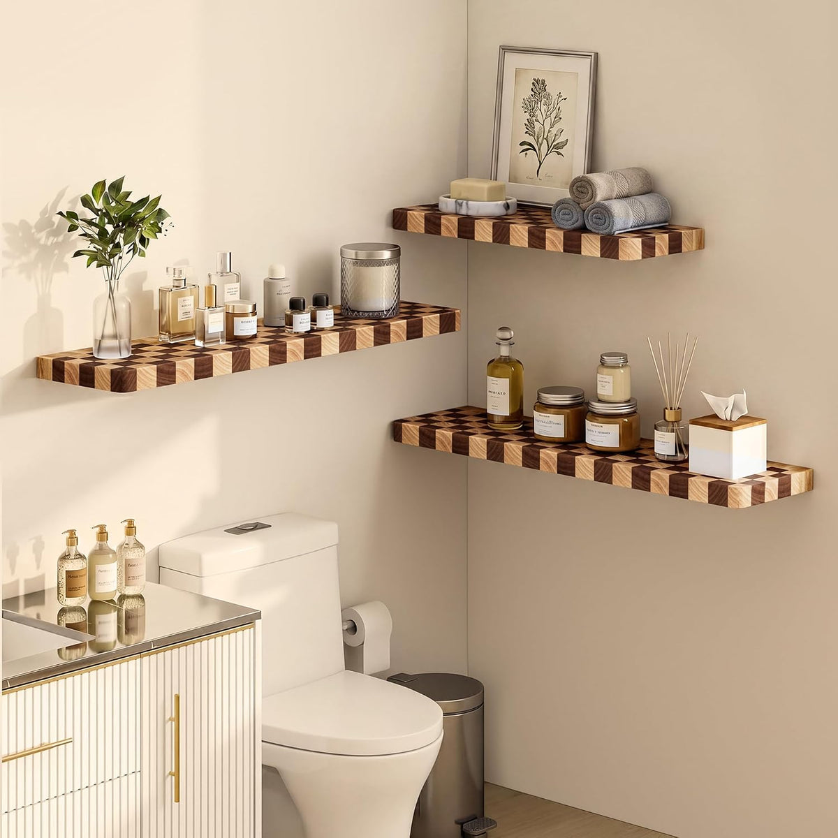 Floating Shelves for Wall, 16 Inch Solid Wood Checkered Wall Shelves