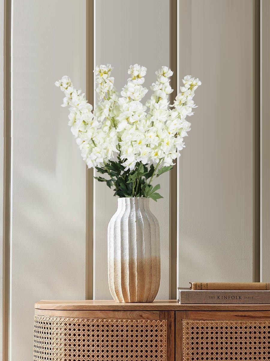 White Delphinium Artificial Flowers,5PCS Faux Larkspur Flowers 39" Long Stem Silk Flowers for Tall Vase Home Wedding Table Decor(White)