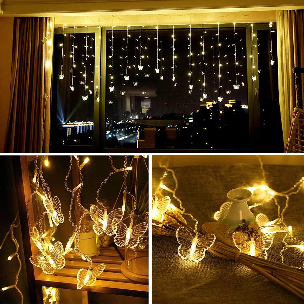 Lainin USB Powered 13FT 96 LED Curtain Lights 18 Butterflies Twinkle Lights 8 Modes Fairy Light Strip for Party Indoor Outdoor Room Garden Wedding Christmas Xmas Decor (Warm White)