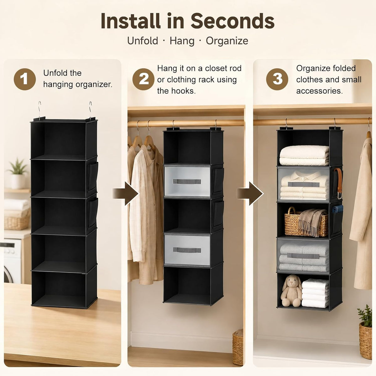 5-Layer Suspended Fabric Shelf Organizer, Equipped with 2 Sturdy Hooks, 2 Separate Drawers, and Foldable Hanging Storage (Black)