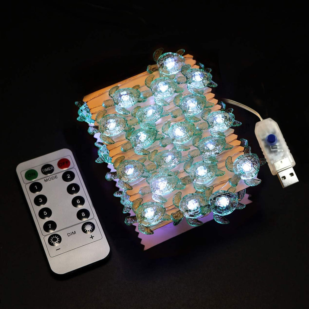 WSgift Sea Turtle Decorative String Lights, 18.7 Ft 40 LED USB Plug-in Silver Copper Wire Beach Theme Fairy Lights for Indoor Outdoor Decoration Projects (Cool White, Remote Control with Timer)