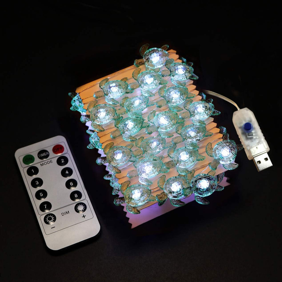 WSgift Sea Turtle Decorative String Lights, 18.7 Ft 40 LED USB Plug-in Silver Copper Wire Beach Theme Fairy Lights for Indoor Outdoor Decoration Projects (Cool White, Remote Control with Timer)