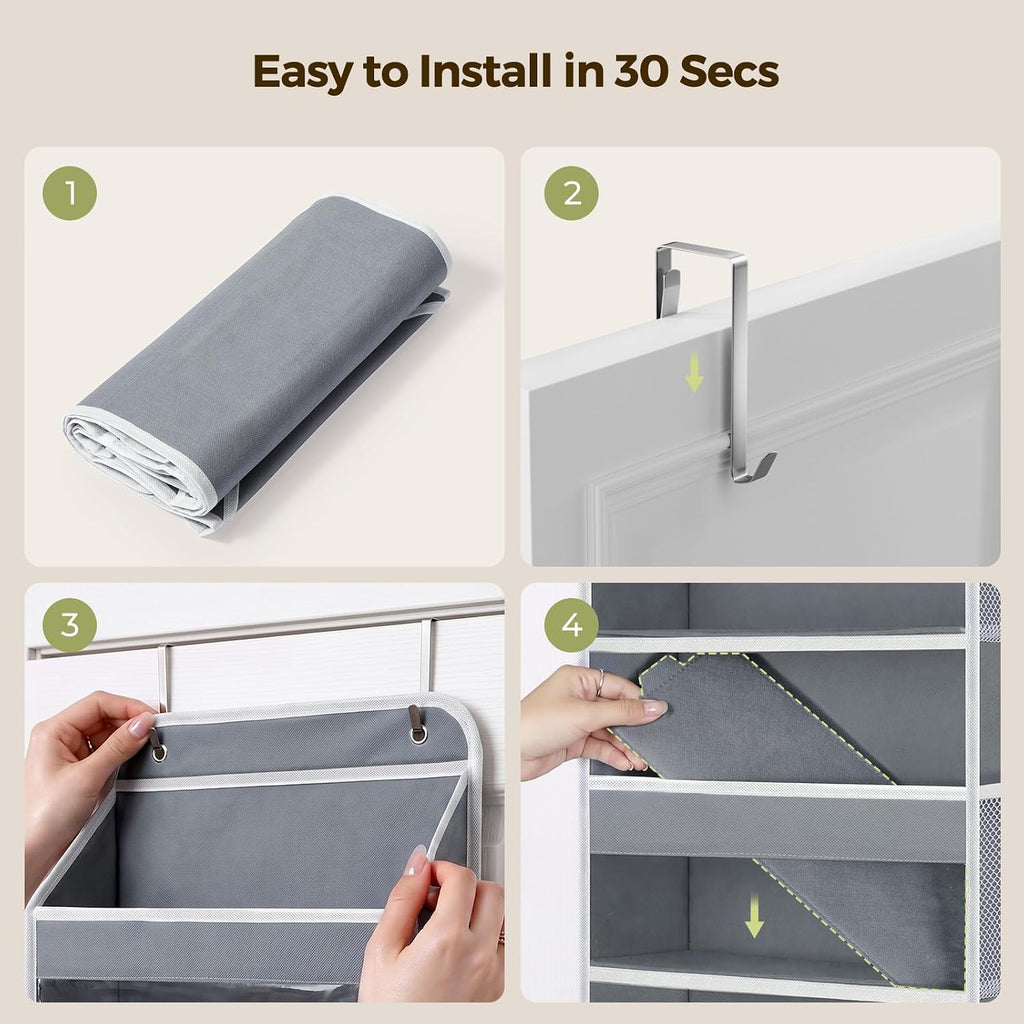LAMU Over the Door Organizer, Large Capacity Behind the Door Storage with Clear PVC Windows, Back to School Supplies, Stuffed Animal Storage for Dorm Closet Nursery Bathroom Pantry, 5 Tier Grey