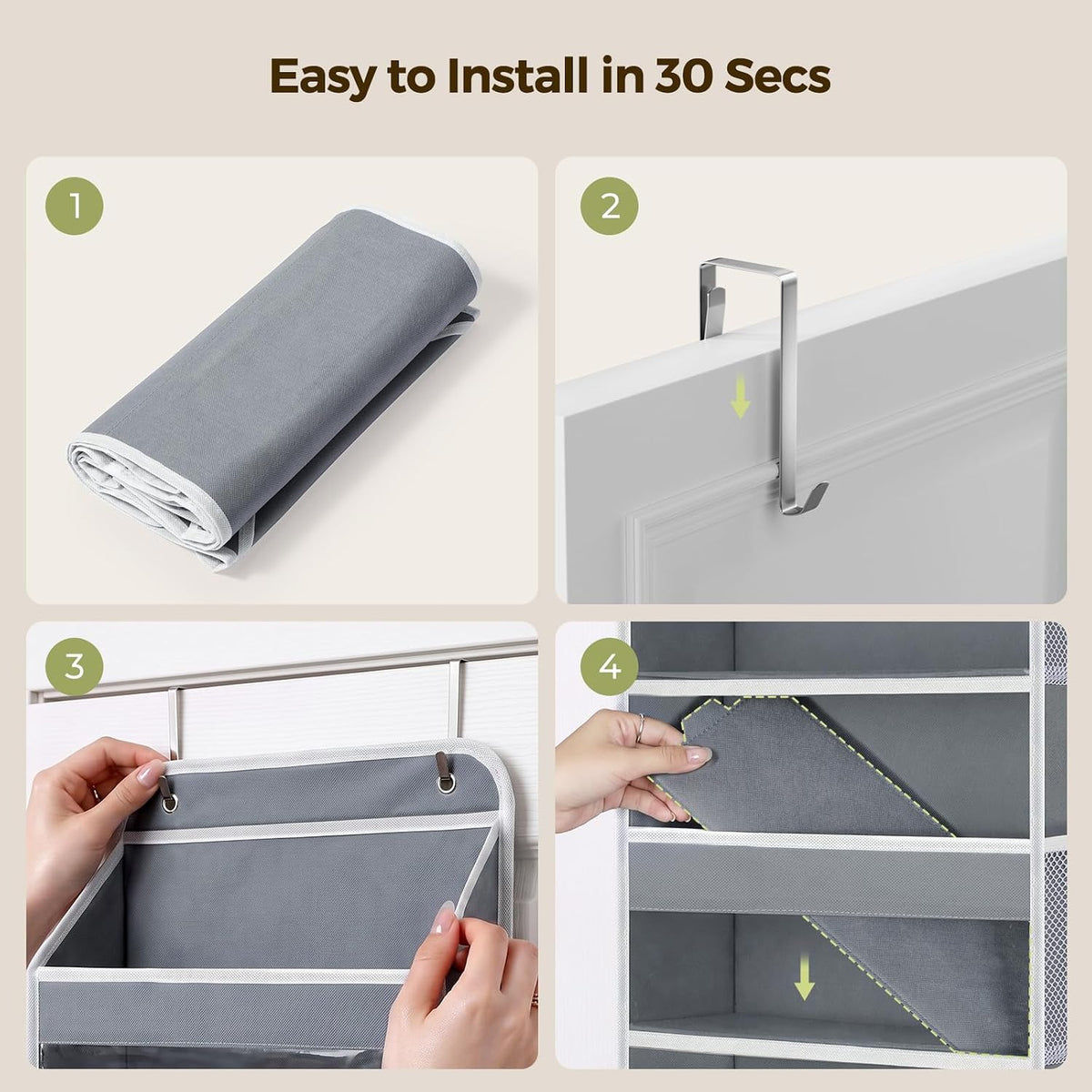 LAMU Over the Door Organizer, Large Capacity Behind the Door Storage with Clear PVC Windows, Back to School Supplies, Stuffed Animal Storage for Dorm Closet Nursery Bathroom Pantry, 5 Tier Grey