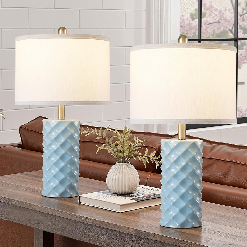 Star Diamond Ceramic Table Lamps Set of 2 - Sky Blue Nightstand Lamps 23"
