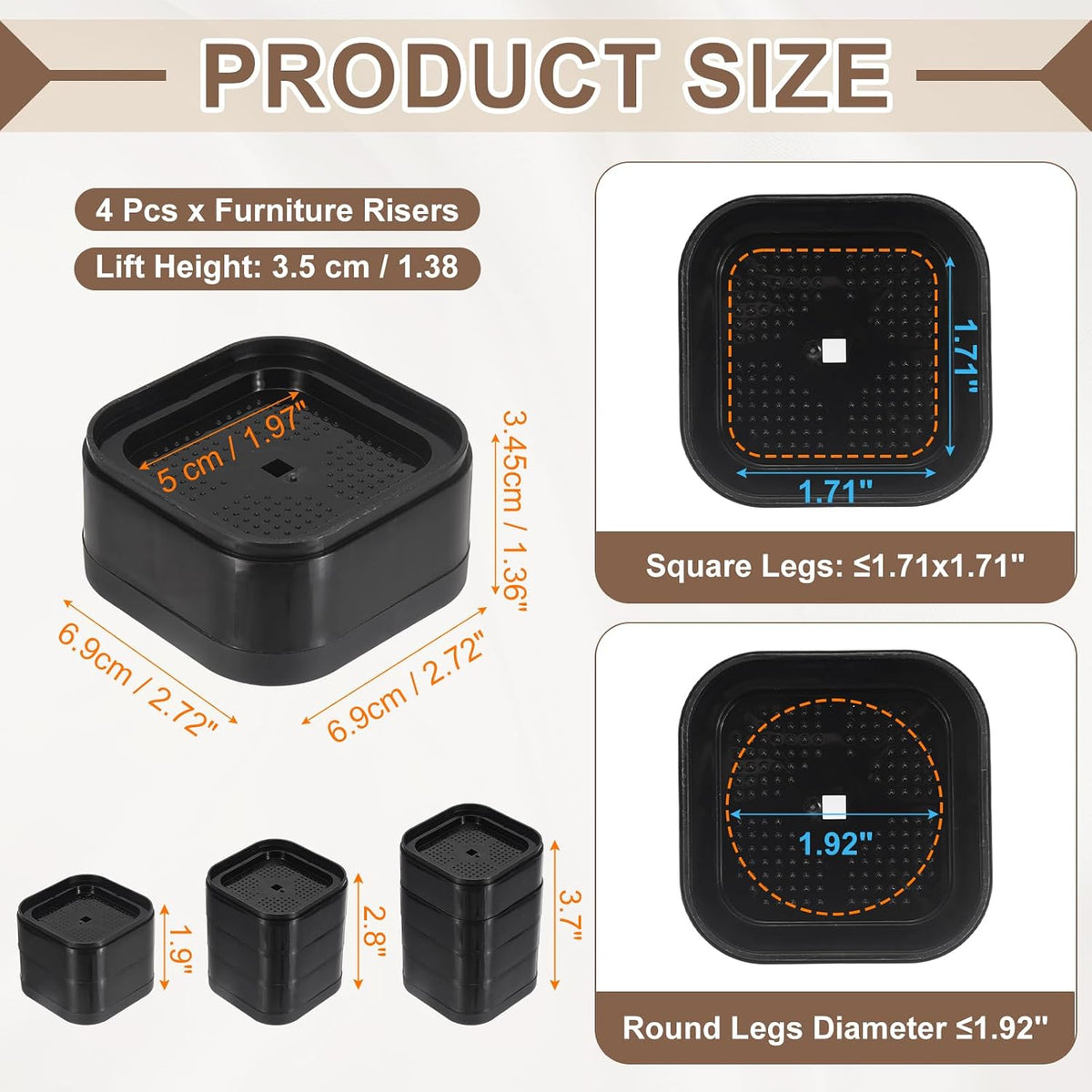 uxcell 4Pcs Furniture Risers Adjustable Bed Risers Height 1-Layers 1" Black