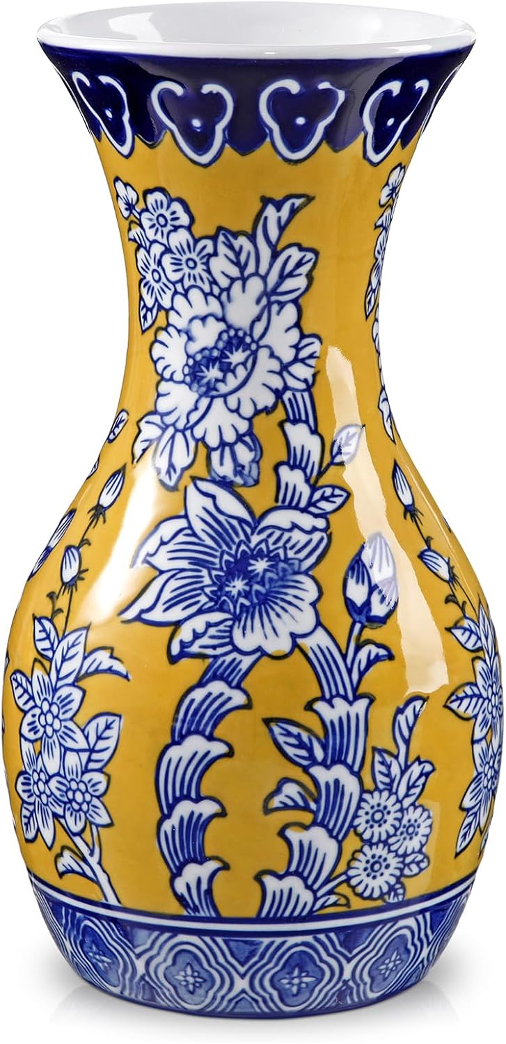 Blue and Yellow Ceramic Vase 11" Chinoiserie Flower Vase in Wide Mouth