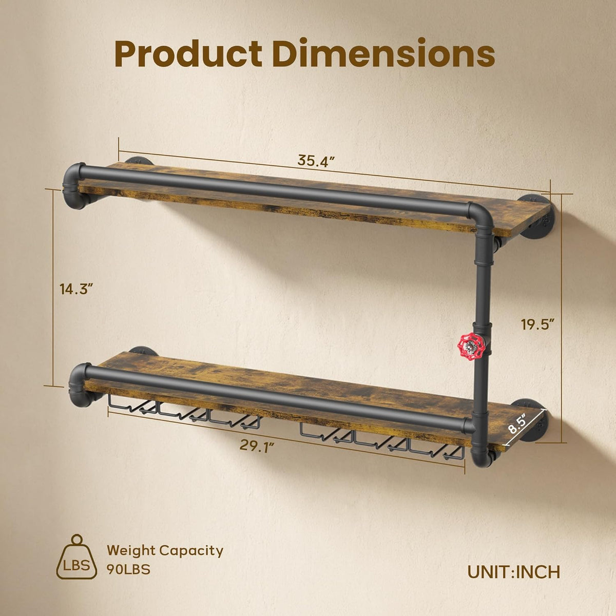 Merapi 2 Tier Floating Shelf Wine Rack with Stemware Holder