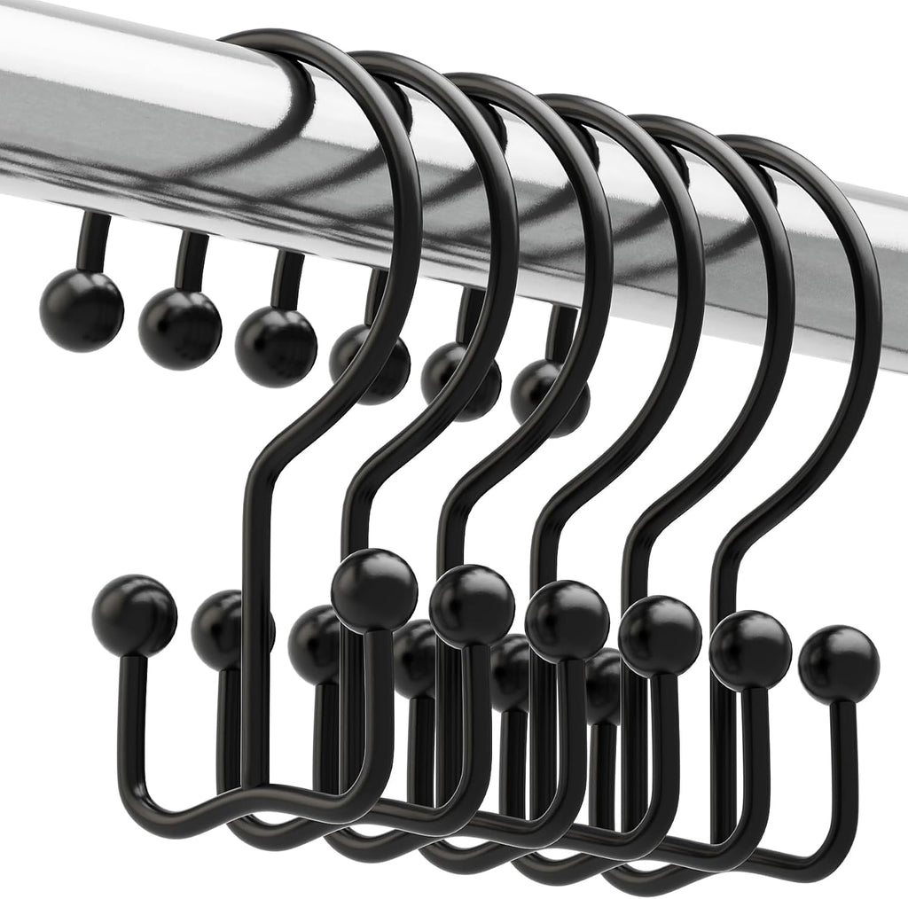Titanker Shower Curtain Hooks Rings, Rust Resistant Metal Minimalist Simple Double Glide Shower Hooks Rings for Bathroom Shower Rods Curtains, Set of 12 Hooks - Black