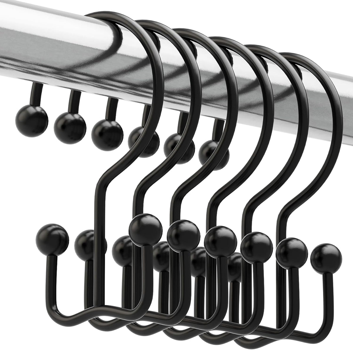 Titanker Shower Curtain Hooks Rings, Rust Resistant Metal Minimalist Simple Double Glide Shower Hooks Rings for Bathroom Shower Rods Curtains, Set of 12 Hooks - Black