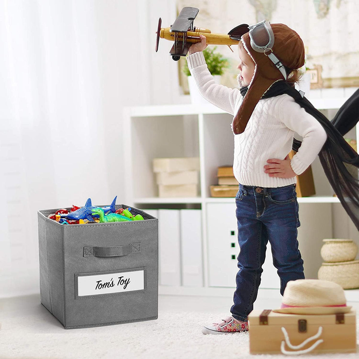 13x13x13 storage cube bins(Set of 8) Fabric storage cubes with 8 Labels Window Cards & a Pen, storage cubes 13x13, Collapsible 13 inch cube storage bins, Cubby Organizer Boxes, Gray