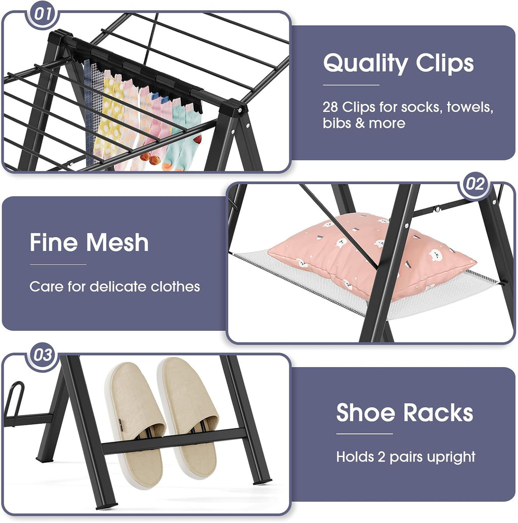 APEXCHASER Clothes Drying Rack, 67.3" L Height Adjustable, Foldable, Black