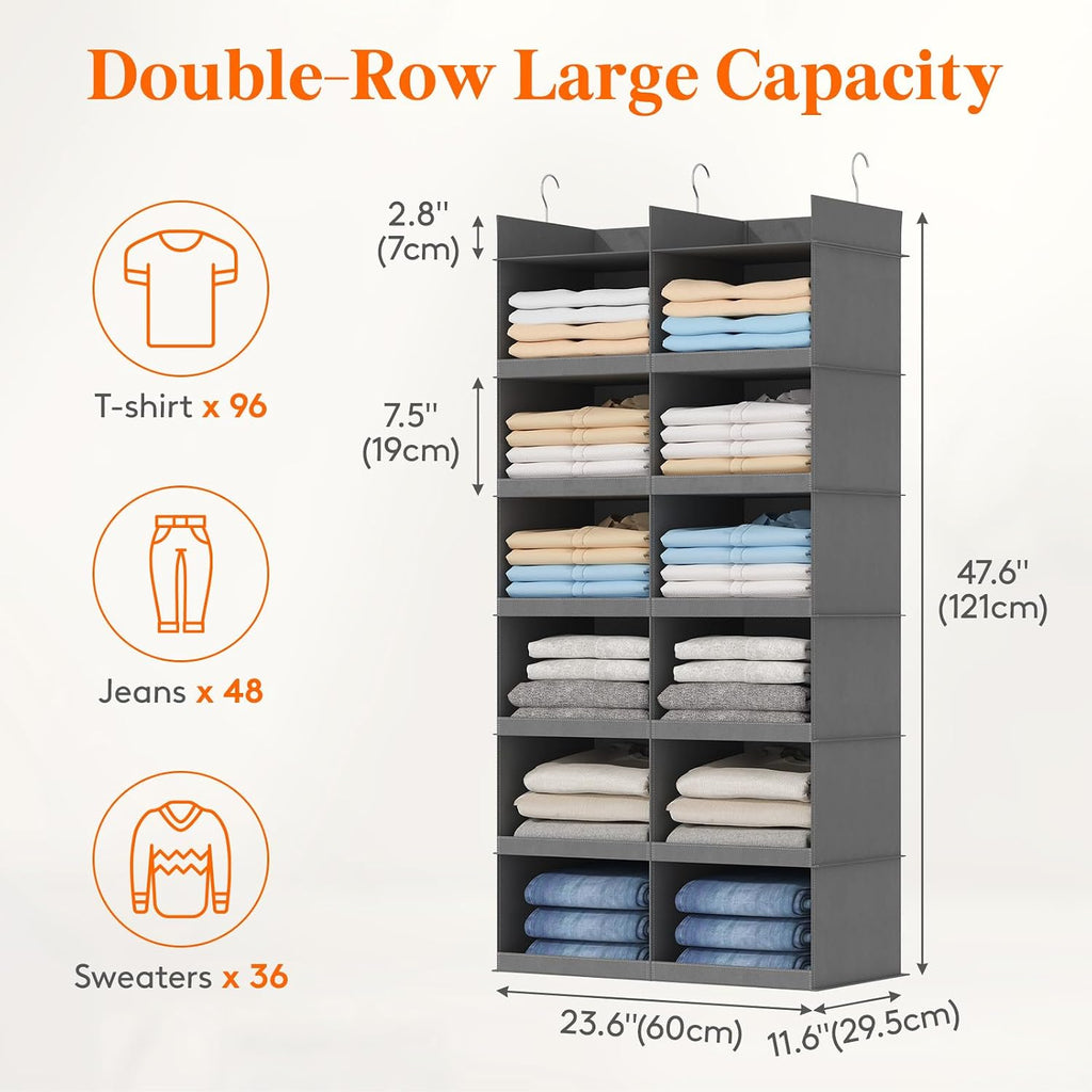 Lifewit 12 Sections Dual-Row Shelf Hanging Closet Storage Organizer, Gray