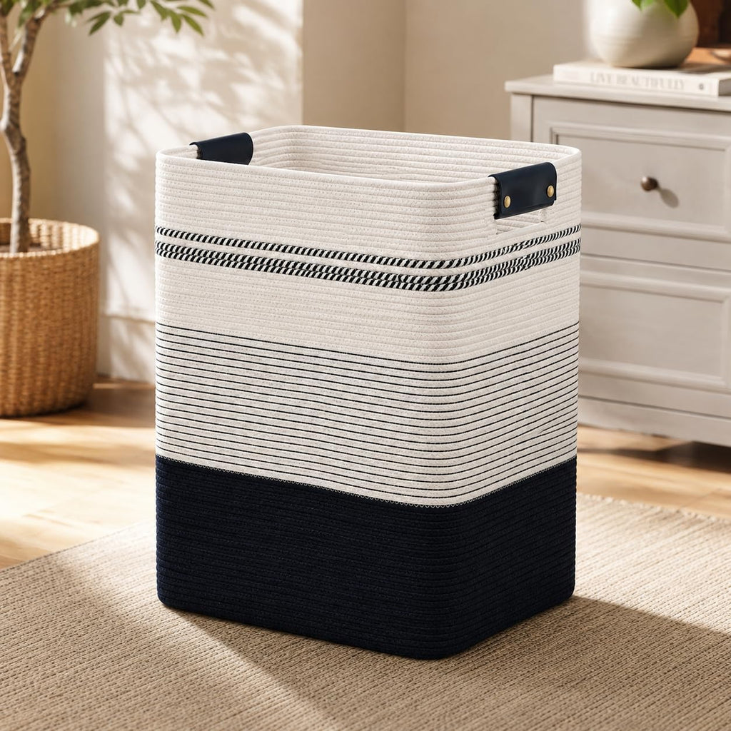 Laundry Hamper, Cotton Rope Laundry Basket with Leather Handles, 21.1-Gallon/80 L Large Clothes Hampers for Laundry, Woven Laundry Baskets for Blankets, Clothing, Bedroom, Living Room, Nursery