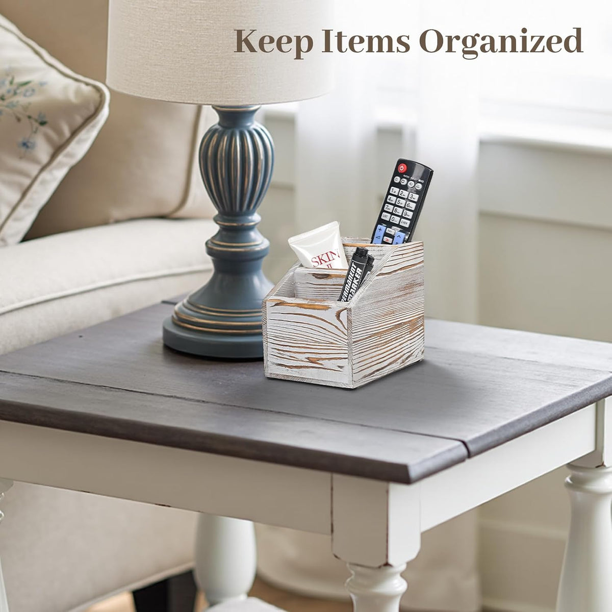 Wooden TV Remote Control Holder, 3-Slot TV Remote Caddy (White)
