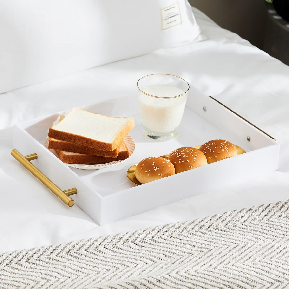 Glossy White Acrylic Lucite Serving Tray with Metal Handles,No Need to Assemble,11x14 Inch,Decorative Storage Organizer with Spill-Proof Design,Serving for Coffee,Breakfast,Dinner and More