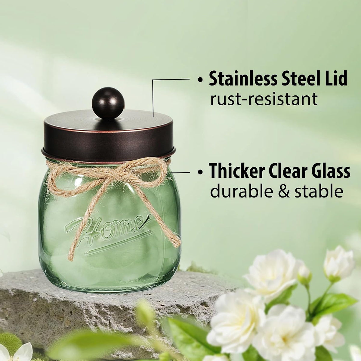 SheeChung 3 Pack Green Glass Mason Jar Qtip Holder Dispenser with ORB Lids