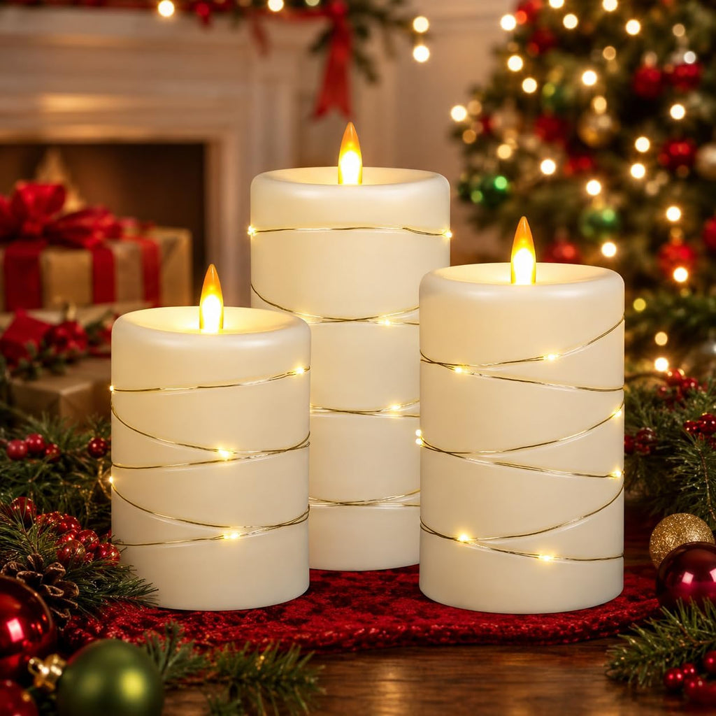 Upinmz Flickering Flameless Candles with String Lights, Battery Operated Candle, LED Pillar Fake Candle with Remote Control and Timer -3 Pack Ivory White