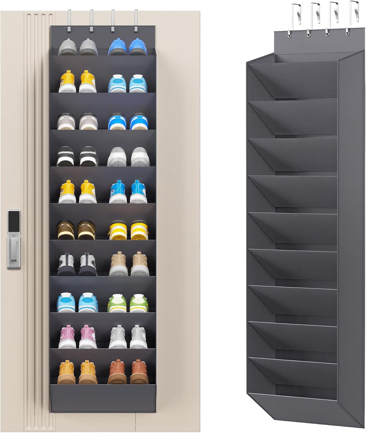 REGELETO Over-the-Door Shoe Organizer 10 Tier, Large Capacity Hanging Shoe Rack Holder for Closet Dorm Bedroom, Non-Woven Fabric with 4 Stainless Steel Hooks, Holds 20-30 Pairs Shoes （ Premium Gray）