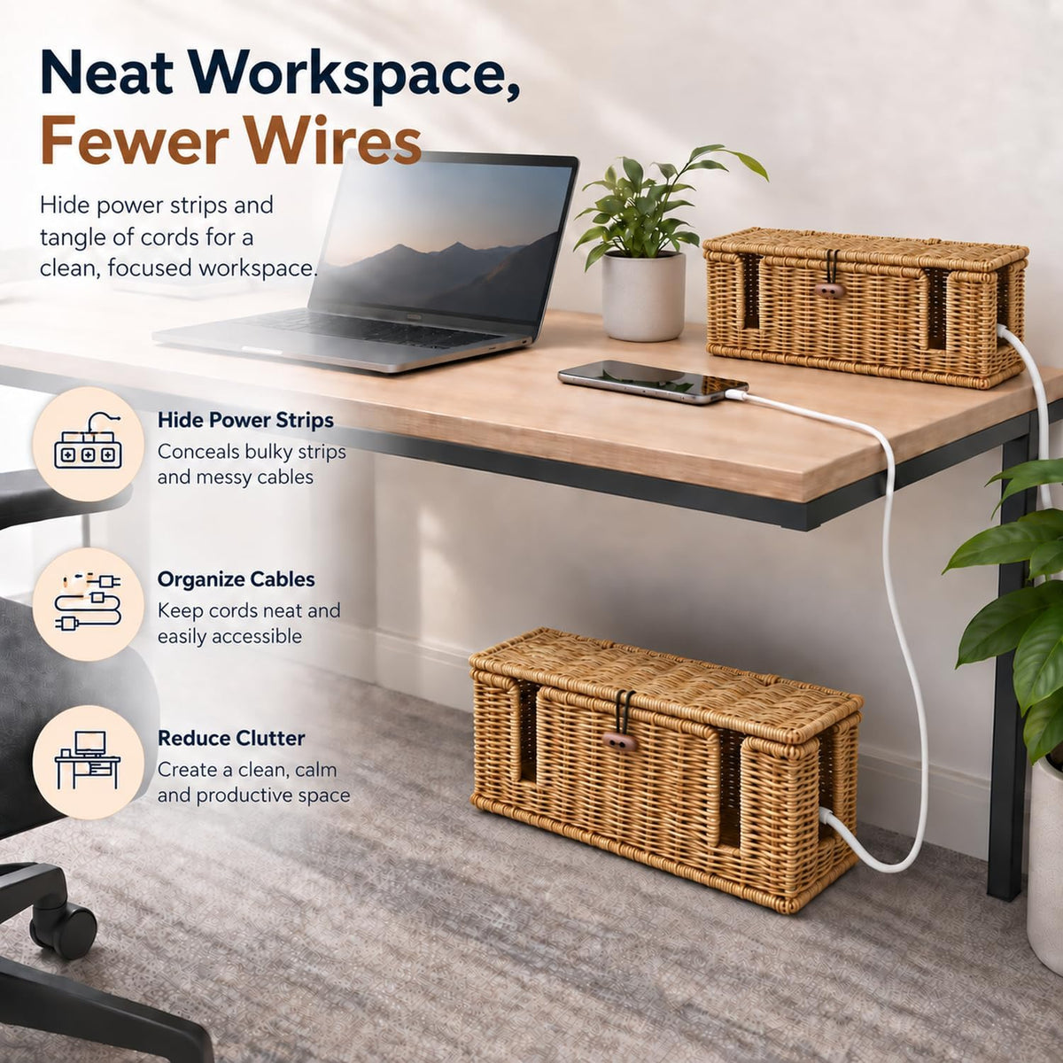 Cable Management Box, 2 Pack Cord Organizer Box, Hider for Power Strips