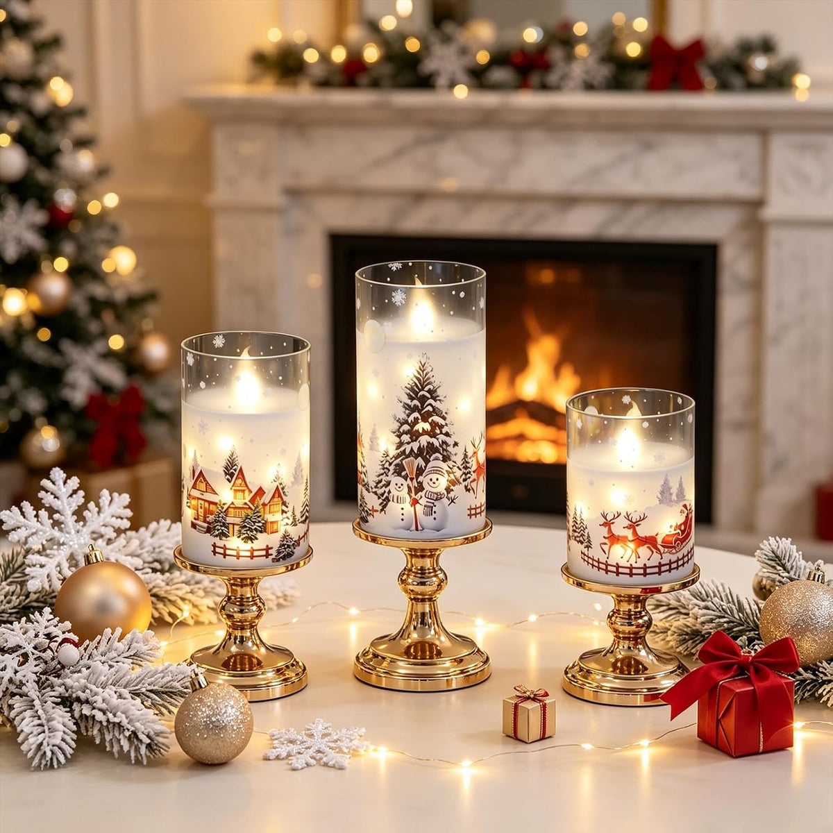 Snowman Church Flameless Candles String Lights with Remote Timer