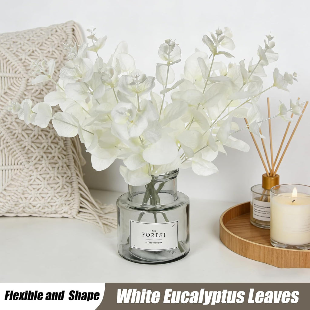 Tinsow 5 Pcs Artificial Eucalyptus Branches Real Touch Leaf Stem White Faux Eucalyptuses Wedding Bouquet Centerpiece Christmas Home Decor (White and Beige Mix, 5)