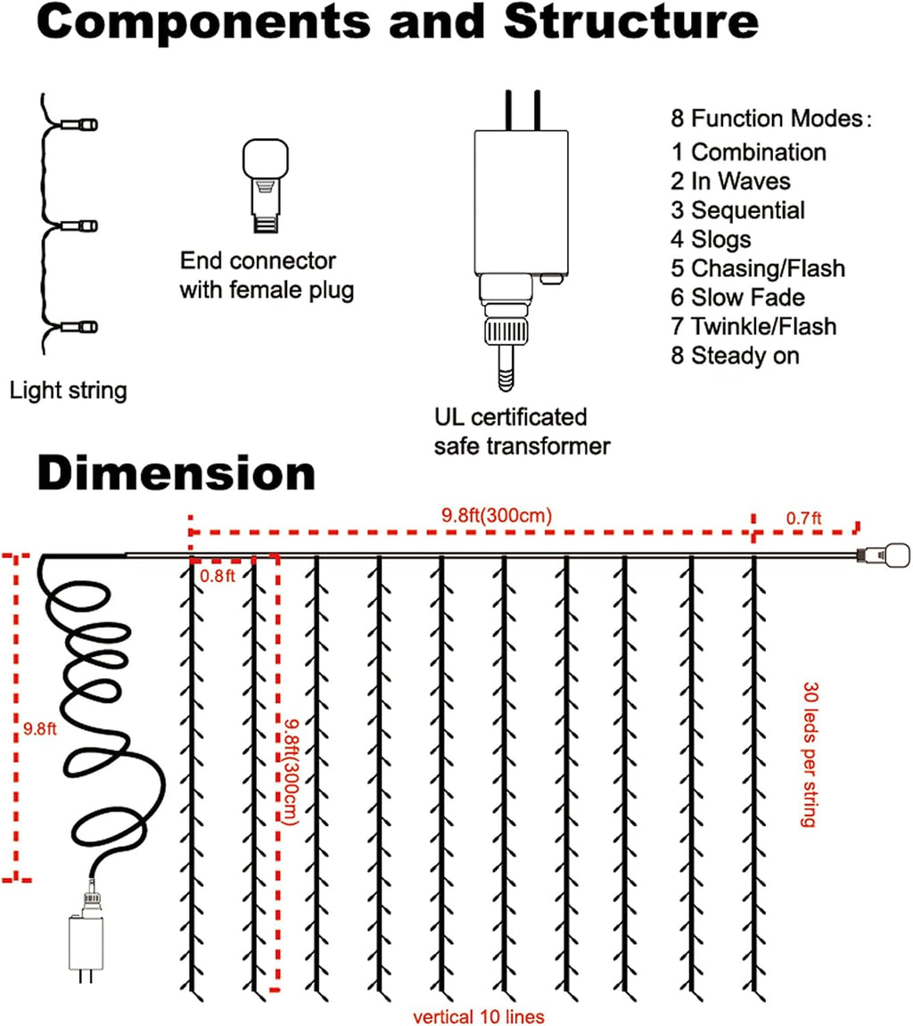 WATERGLIDE 300 LED Curtain Lights, Remote Control Christmas Decorative Hanging String Lights, 8 Lighting Mode, Plug in for Indoor Outdoor Holiday Party Garden Backdrop Wedding Home Decor, Multicolor