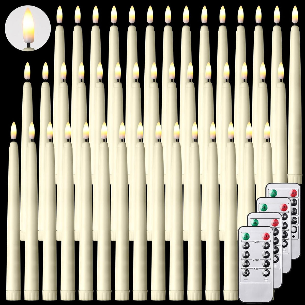 Reginary 48 Pcs Flameless Taper Candles with 4 Remote,Ivory,9.65 Inches