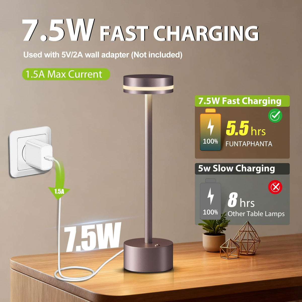 Rechargeable Cordless Table Lamp Brown Touch Control Dimmable