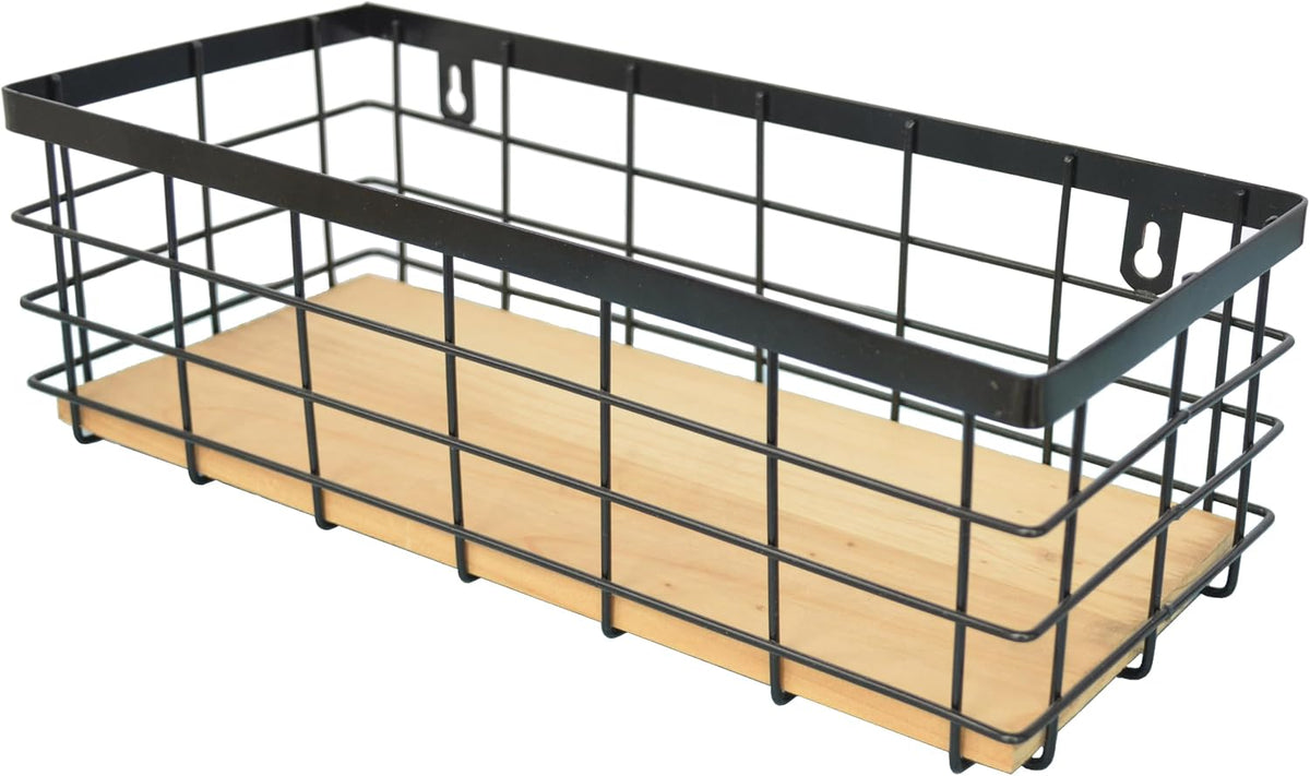 ShabbyDecor Detachable Wood Base Wire Basket tabletop or wall mount, Medium